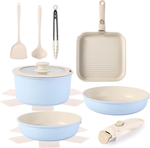 12pcs Blue Non Stick Cookware Set with Detachable Handle Induction Oven Safe