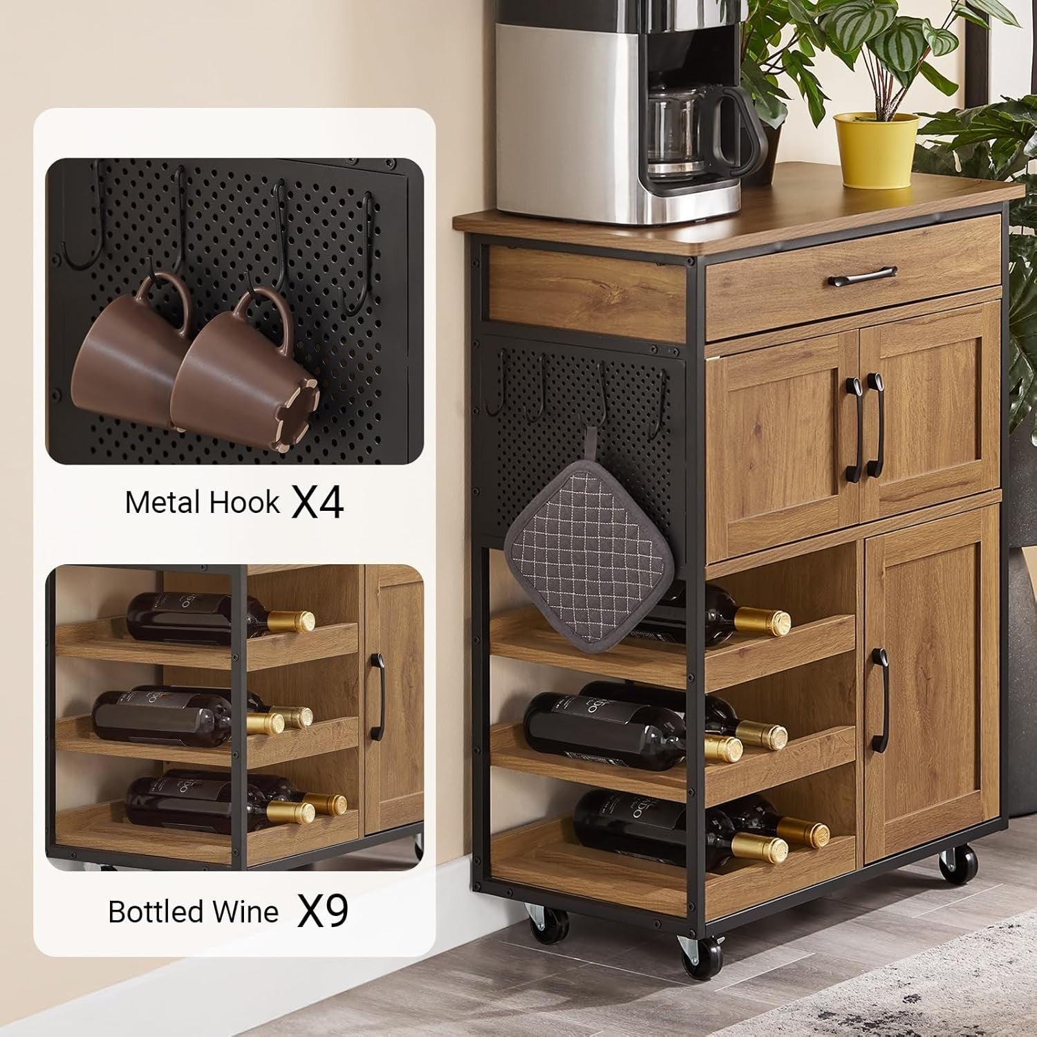 Industrial Vintage Kitchen Trolley with Wine Rack, Drawer & Lockable Wheels