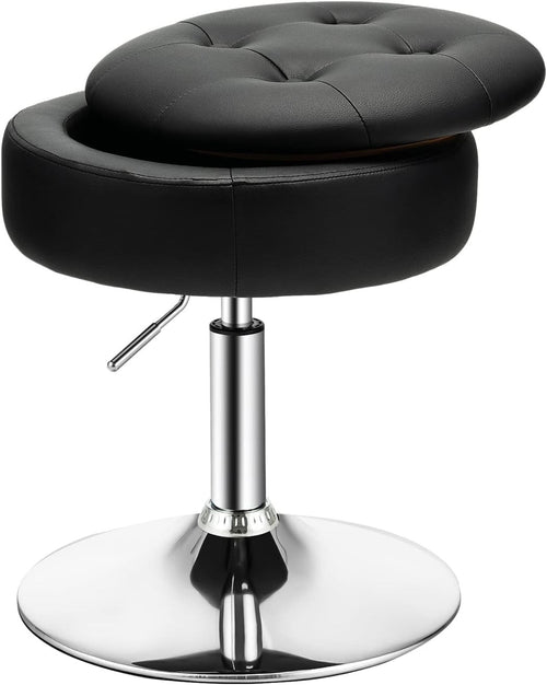 Black PU Leather Swivel Vanity Stool Adjustable w/ Storage & Tray Lid Round Seat