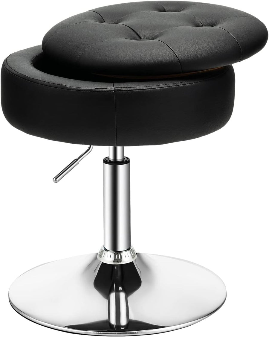 Black PU Leather Swivel Vanity Stool Adjustable w/ Storage & Tray Lid Round Seat