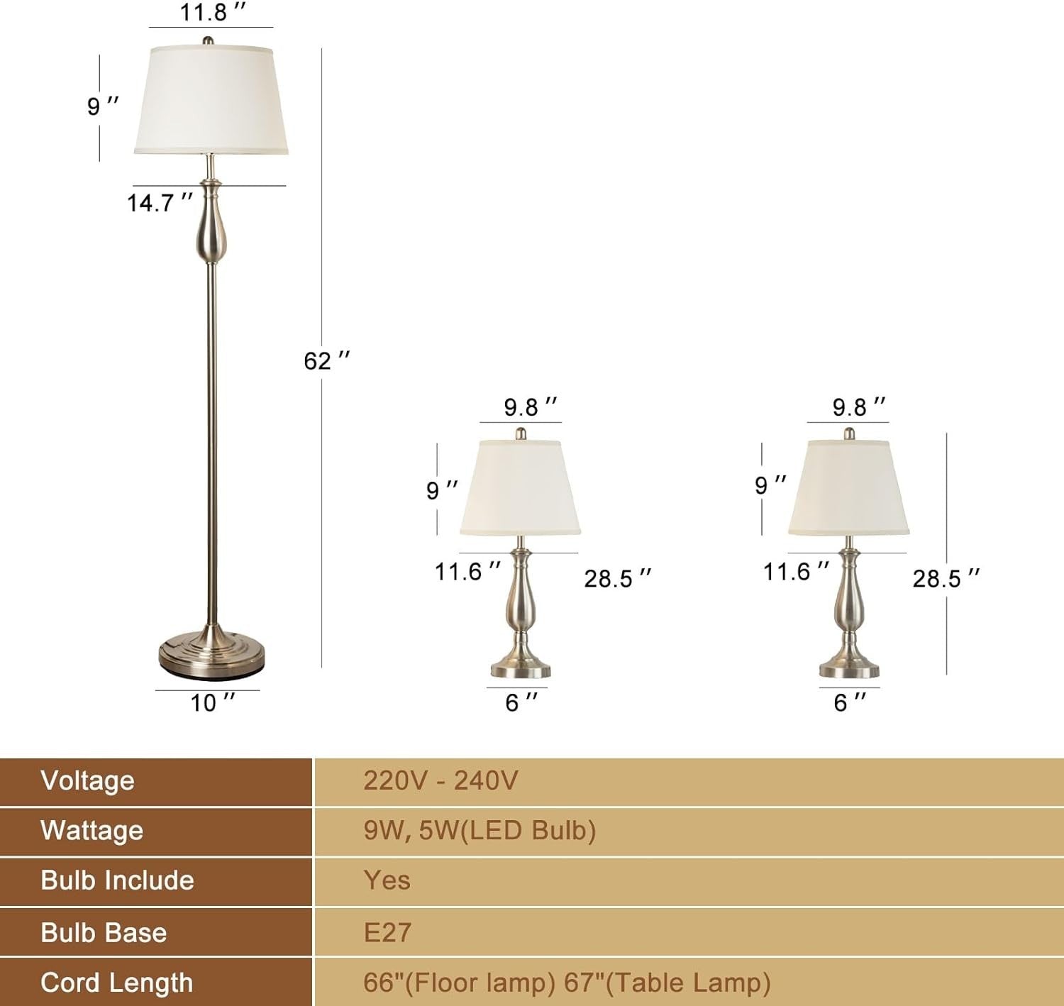 3-Piece Floor & Table Lamp Set with Soft Linen Shades, Silver, 51x25x51cm