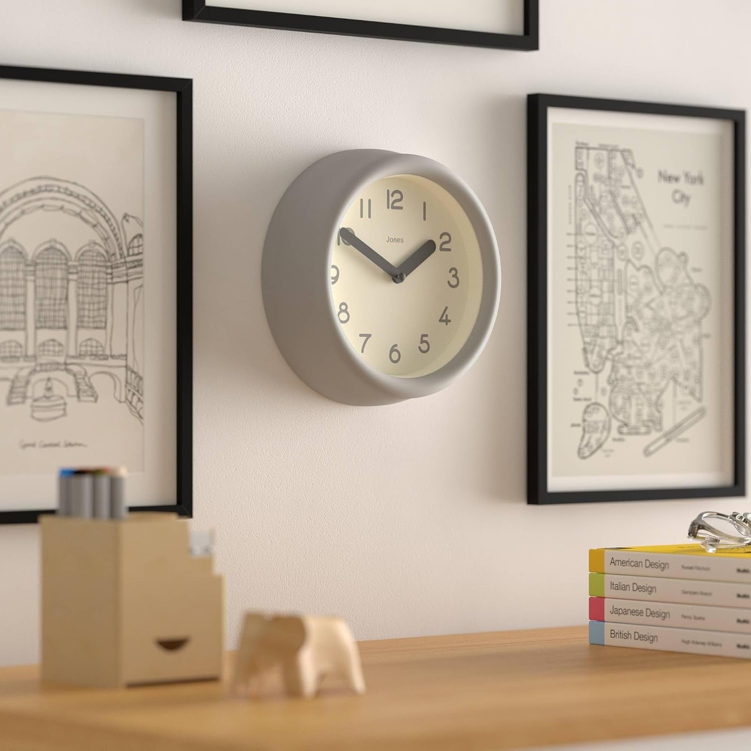 Small Modern Wall Clock 22cm Grey Silent Quartz Round Minimalist Home Decor