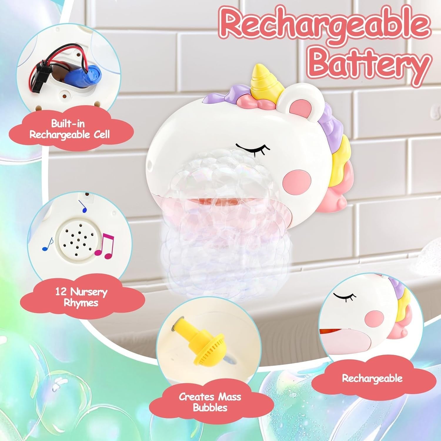 Unicorn Bath Bubble Toy Rechargeable Music Suction