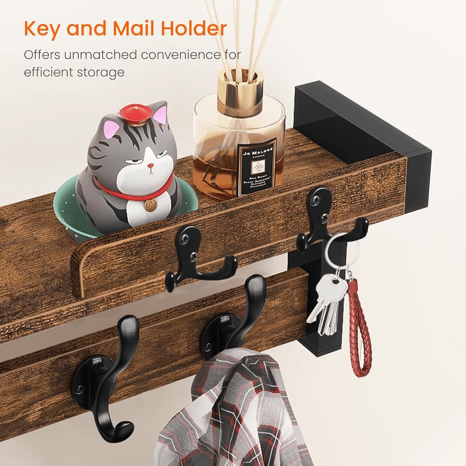 Rustic Wall Coat Rack with Shelf & Key Holder Wood Floating Entryway Organizer