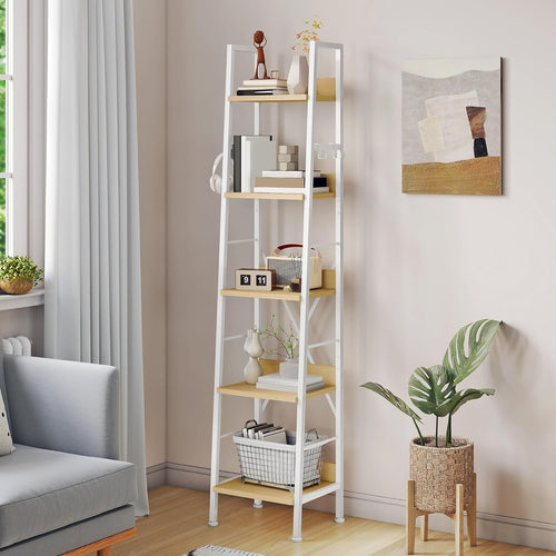 Slim 5 Tier Ladder Bookcase Narrow Storage Shelf Metal Wood Unit