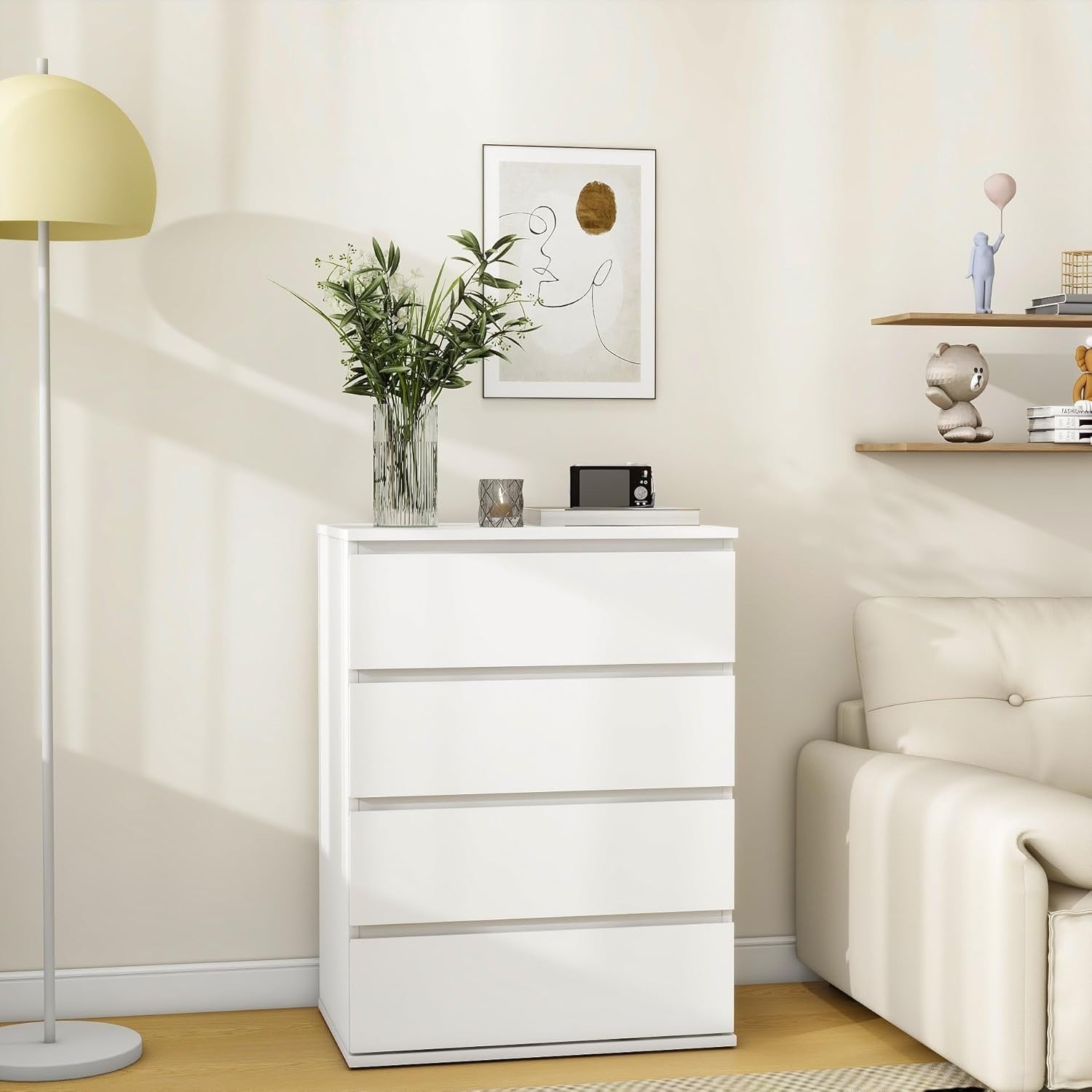 Modern White 4-Drawer Chest Organizer | Sleek No Handle Tall Dresser Unit