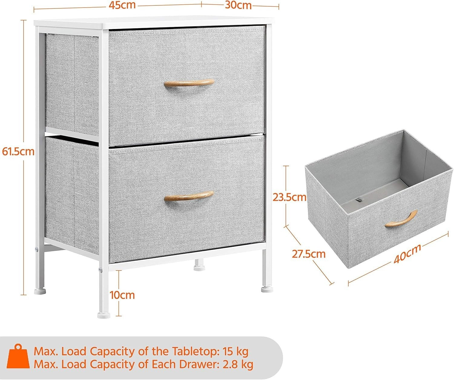 Set of 2 Light Grey Fabric Bedside Tables with Drawers & Metal Frame 45x30x61cm