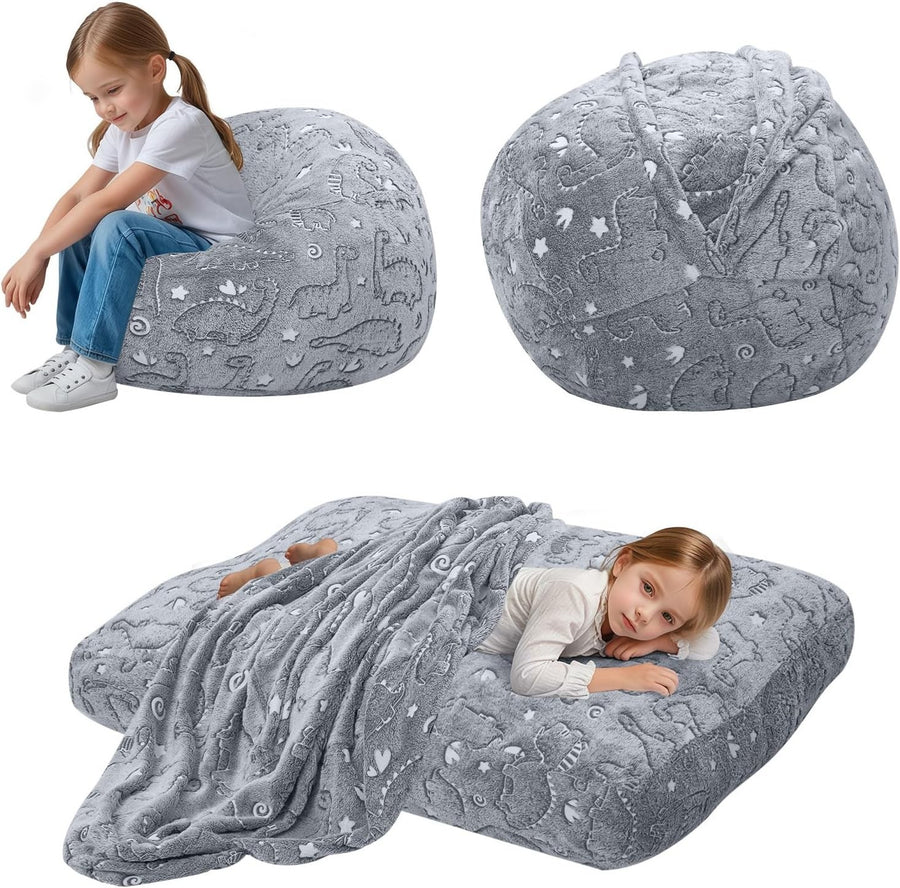 Kids Bean Bag Chair Bed Grey Dinosaur | Sofa Lounger Washable 75x75cm