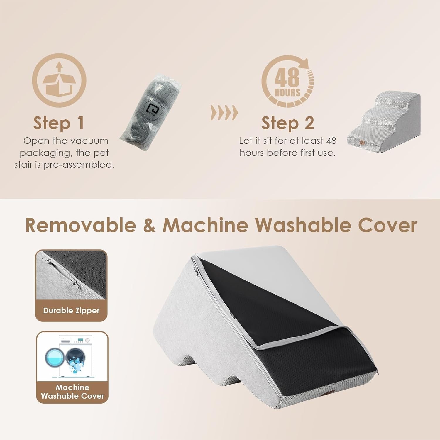 3 Step Dog Stairs for Bed Non Slip Foam Pet Steps Washable Light Grey