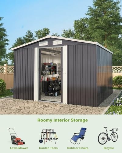 Lockable 10x8 FT Metal Garden Shed with Base Outdoor Storage & Roof