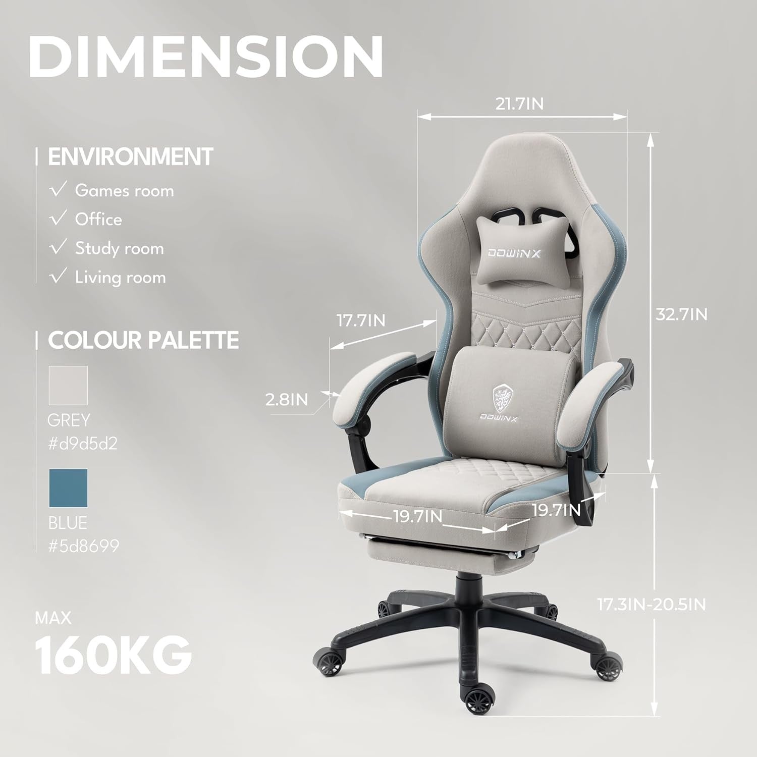 Massage Gaming Chair Fabric Recliner w/ Footrest 150kg Grey