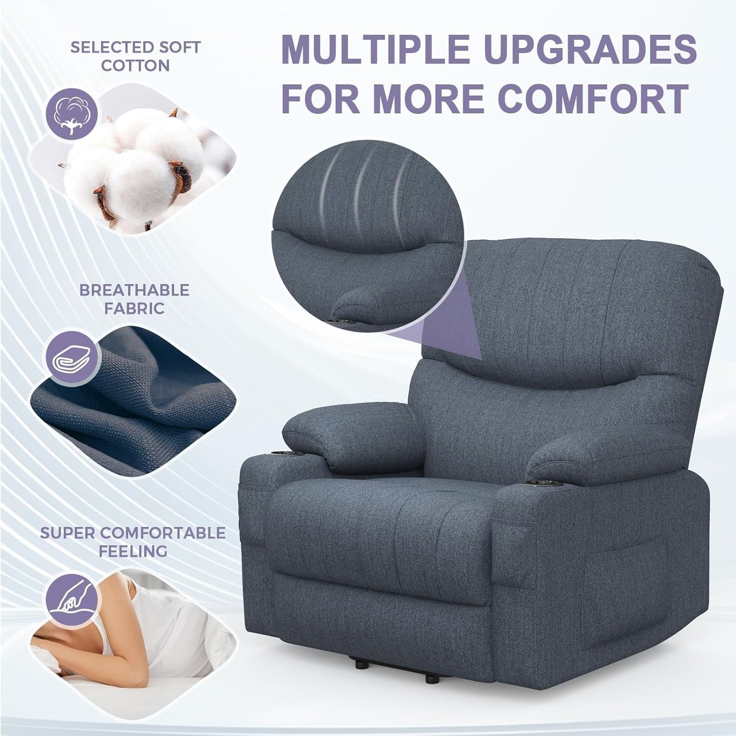 Electric Lift Recliner Chair Oversized Massage Heat USB Type-C Dark Blue Sofa