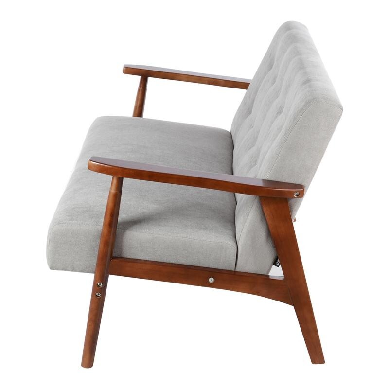 Grey Tufted 2 Seater Sofa Linen Upholstery Walnut Wood Frame Living Room