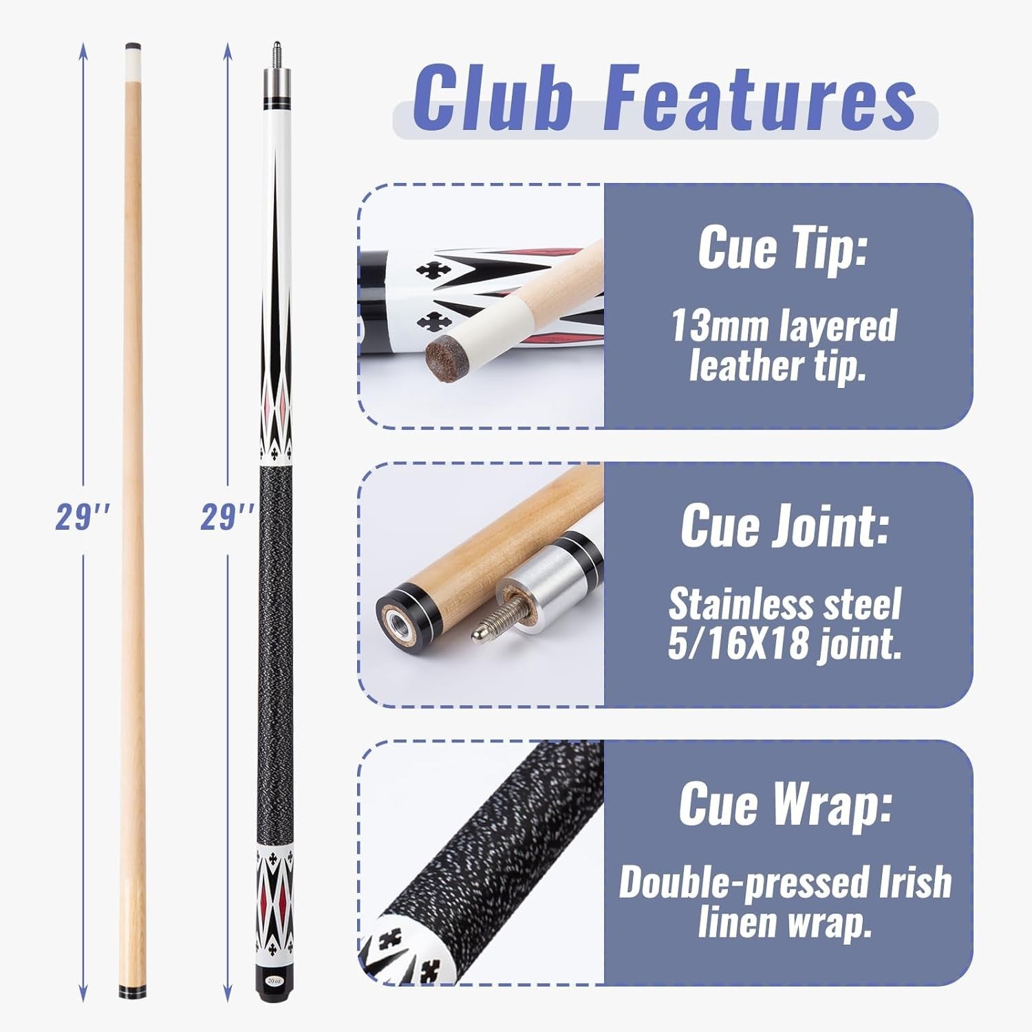 Maple Pool Cue Stick 58 Inch 13mm Tip 2 Piece 19oz 20oz