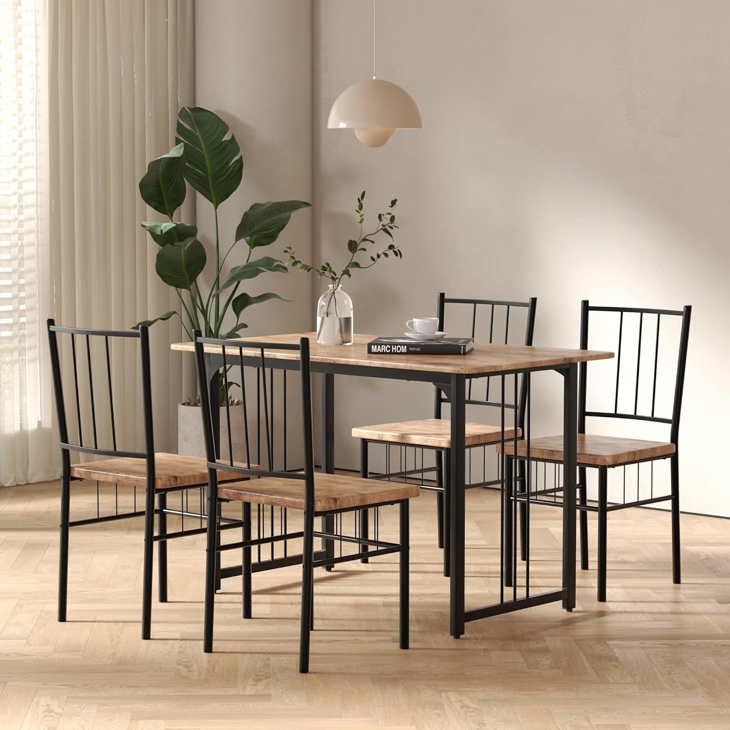 Rustic Wooden Dining Table Set 4 Metal Frame Chairs Kitchen & Dining Room