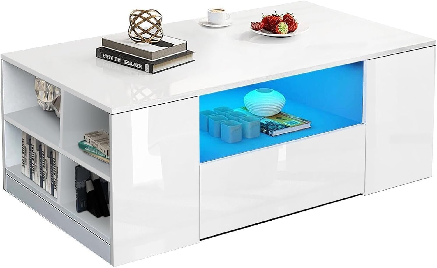 White High Gloss Coffee Table with LED RGB Lights & Storage 95x55x37cm