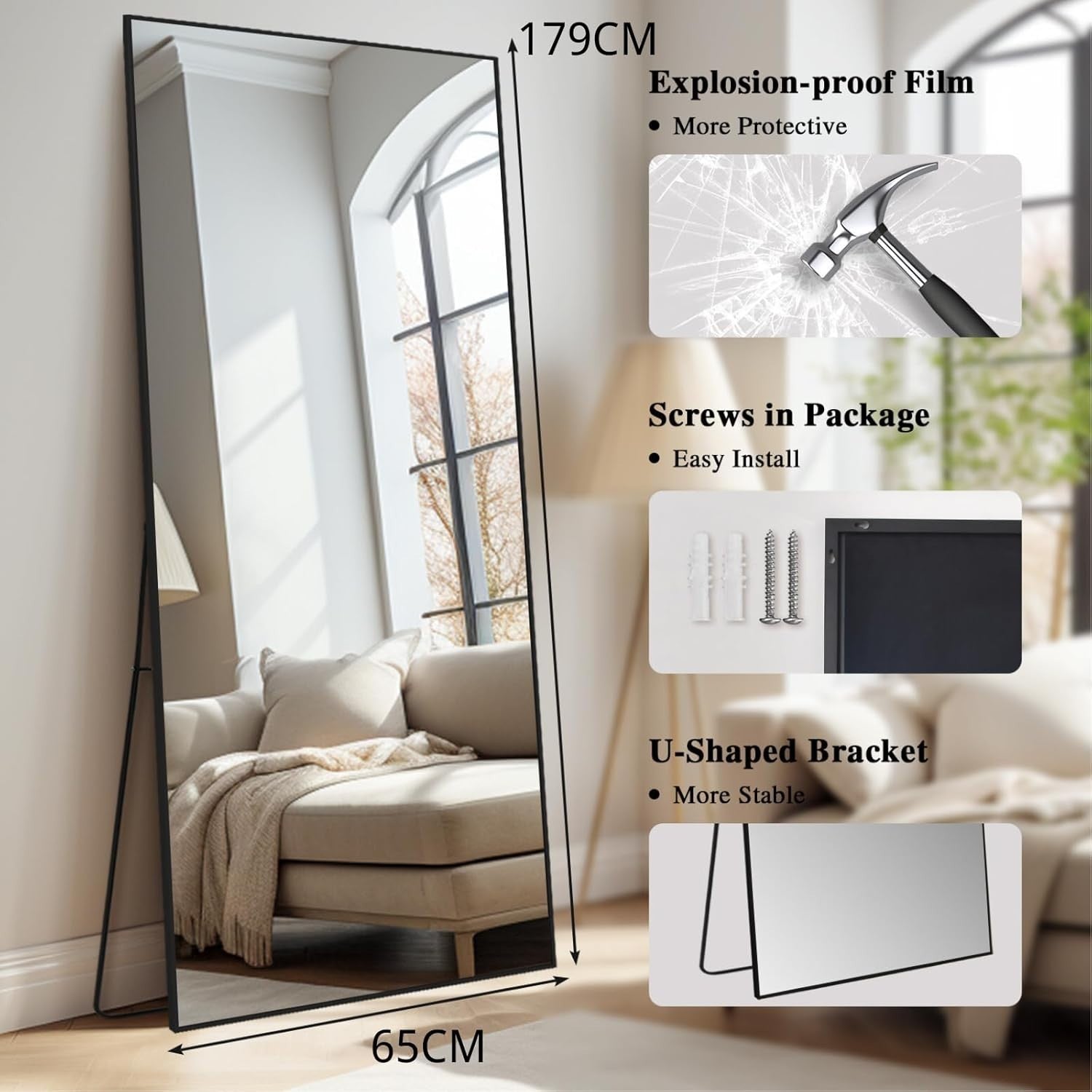 Large Full Length Floor Mirror 179x65cm Black Frame Modern Design