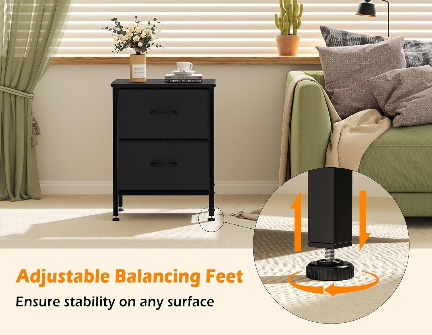 Set of 2 Black Bedside Tables with Fabric Drawers | Metal Frame Storage Cabinets