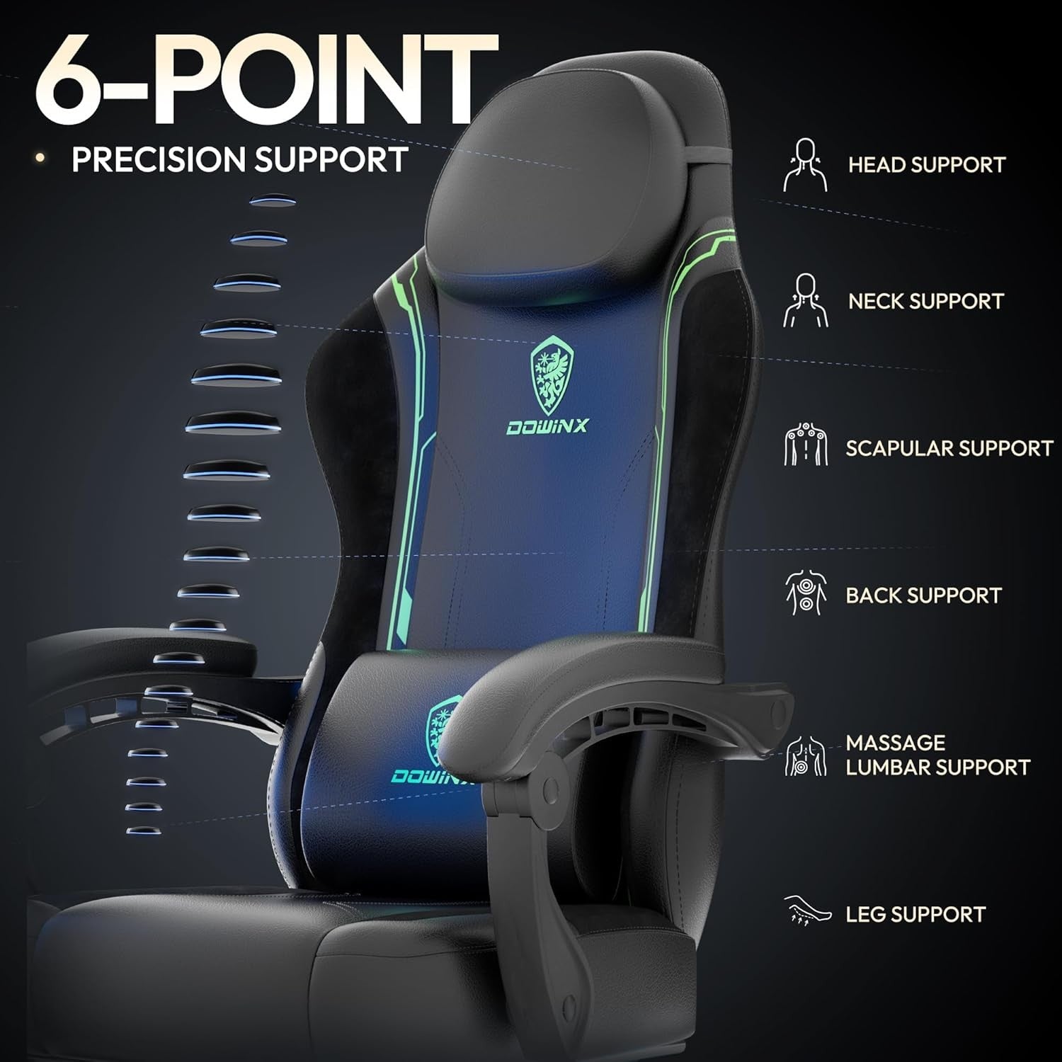 200kg Heavy Duty Gaming Chair Black Green w/ Footrest Massage
