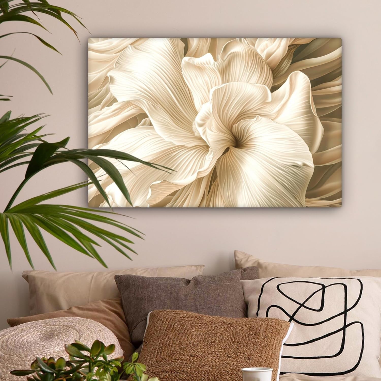 Beige Flower Canvas Wall Art 60x40cm Framed Modern Floral