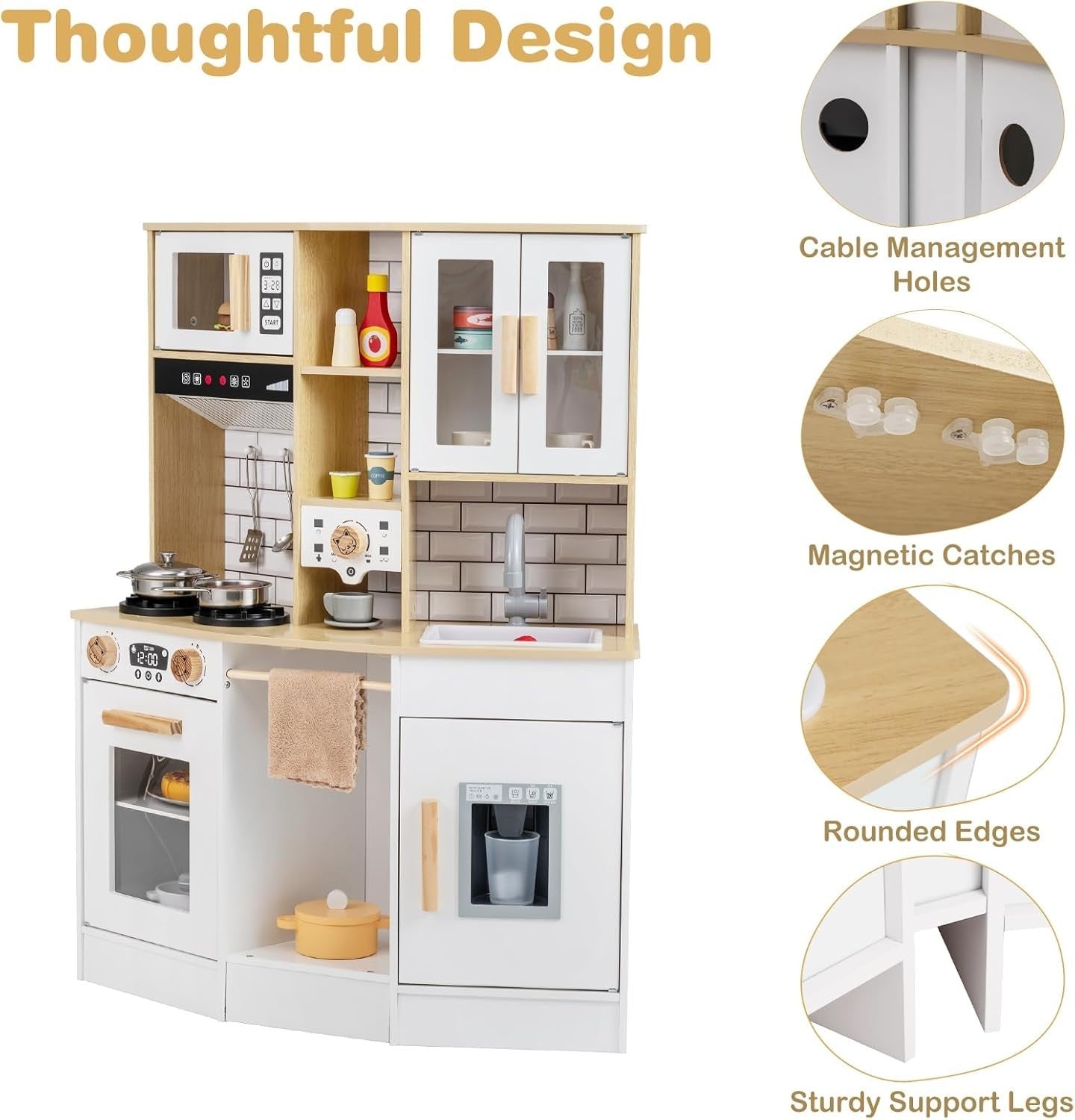 Kids Wooden Play Kitchen Lights Sounds Coffee Machine Ice Maker Toy