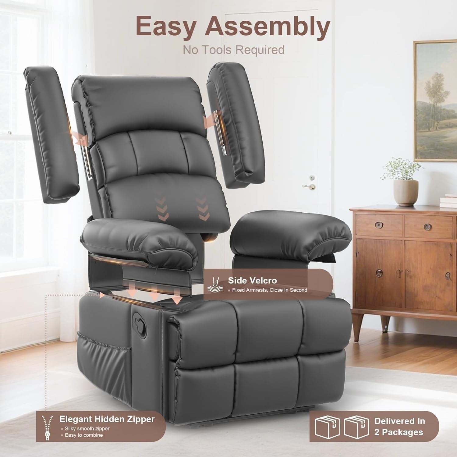 Manual Recliner Chair Massage Heat 135° Recline Footrest Dual Side Pockets Grey