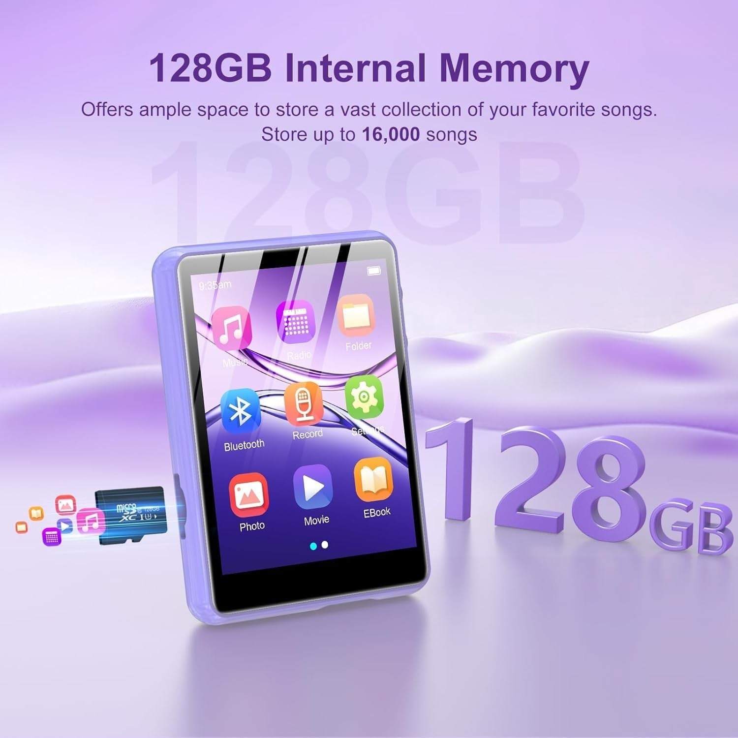 128GB MP3 Player Purple Bluetooth 5.3 FM Sport Mini