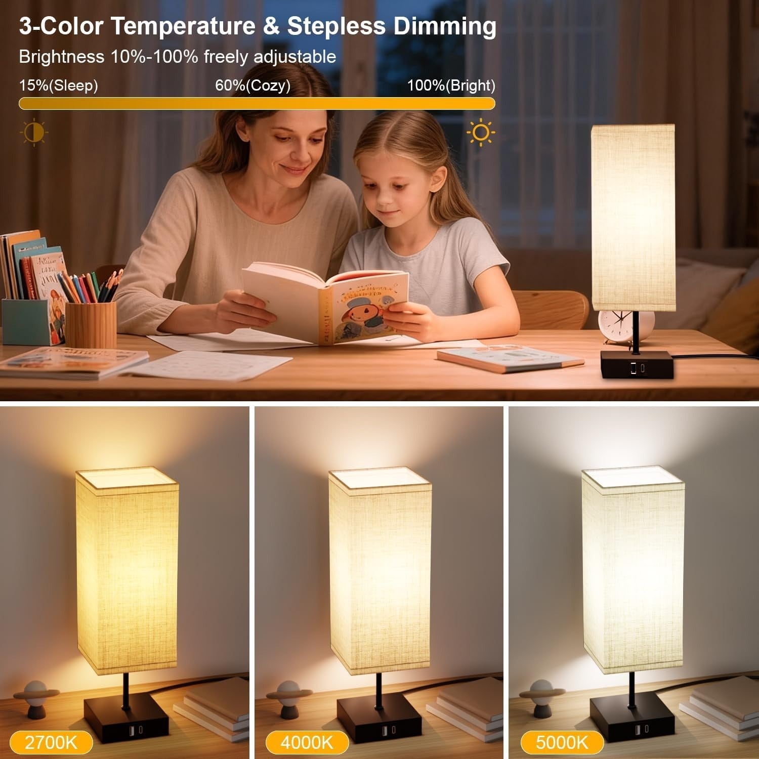 Touch Bedside Lamps Set of 2 USB A+C Dimmable Fabric Shade Nightstand