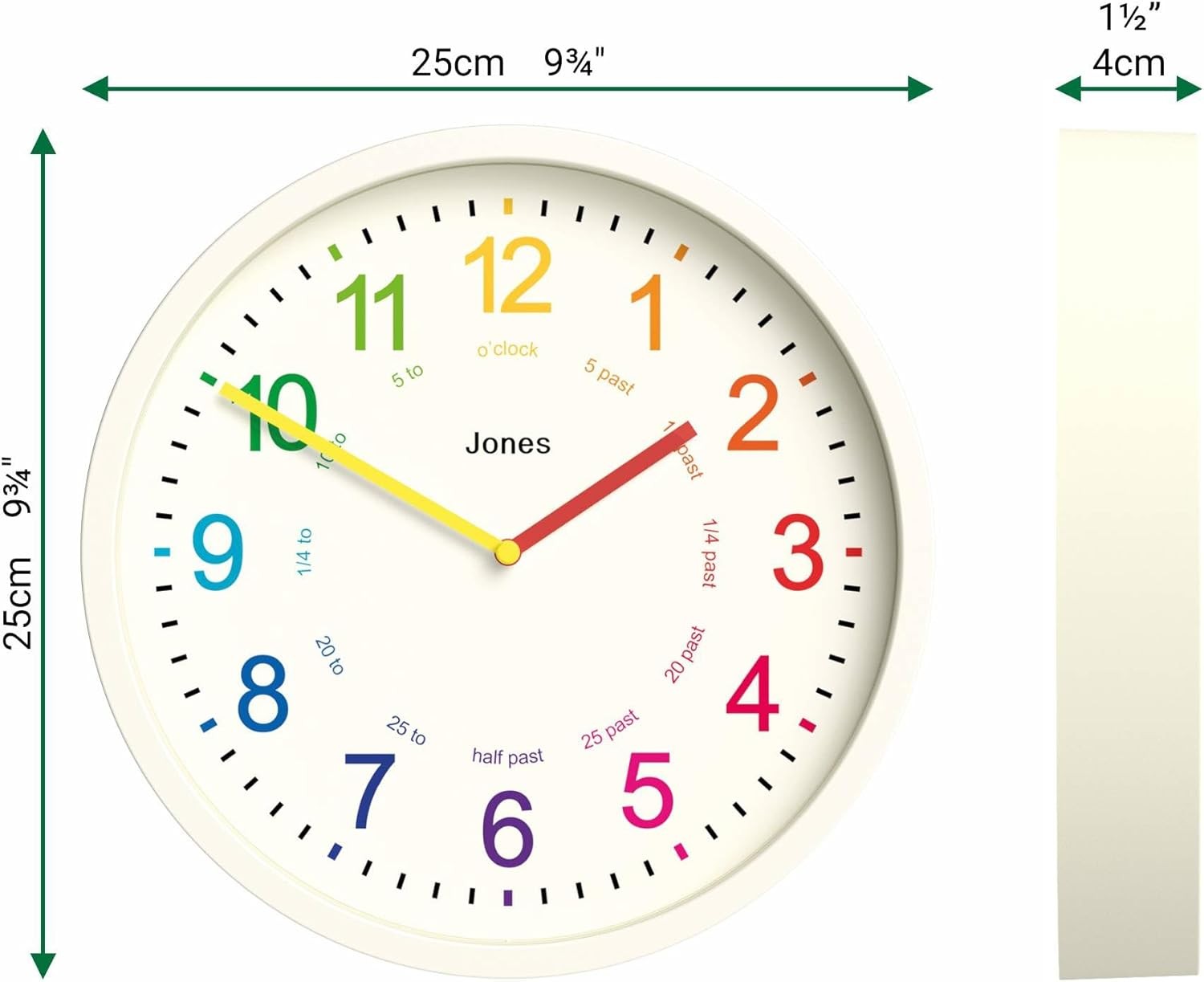 Kids Wall Clock 25cm Silent Quartz Cream Modern Colourful Number Nursery Clock