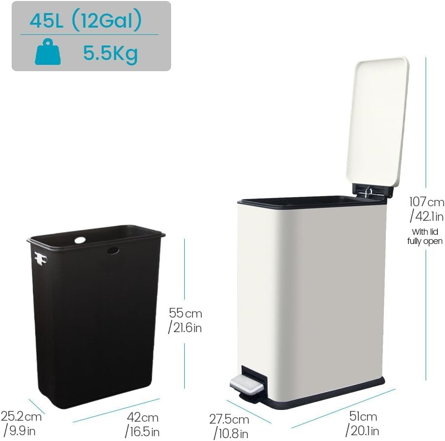 45L White Stainless Steel Pedal Bin Slim Kitchen Soft Close Lid
