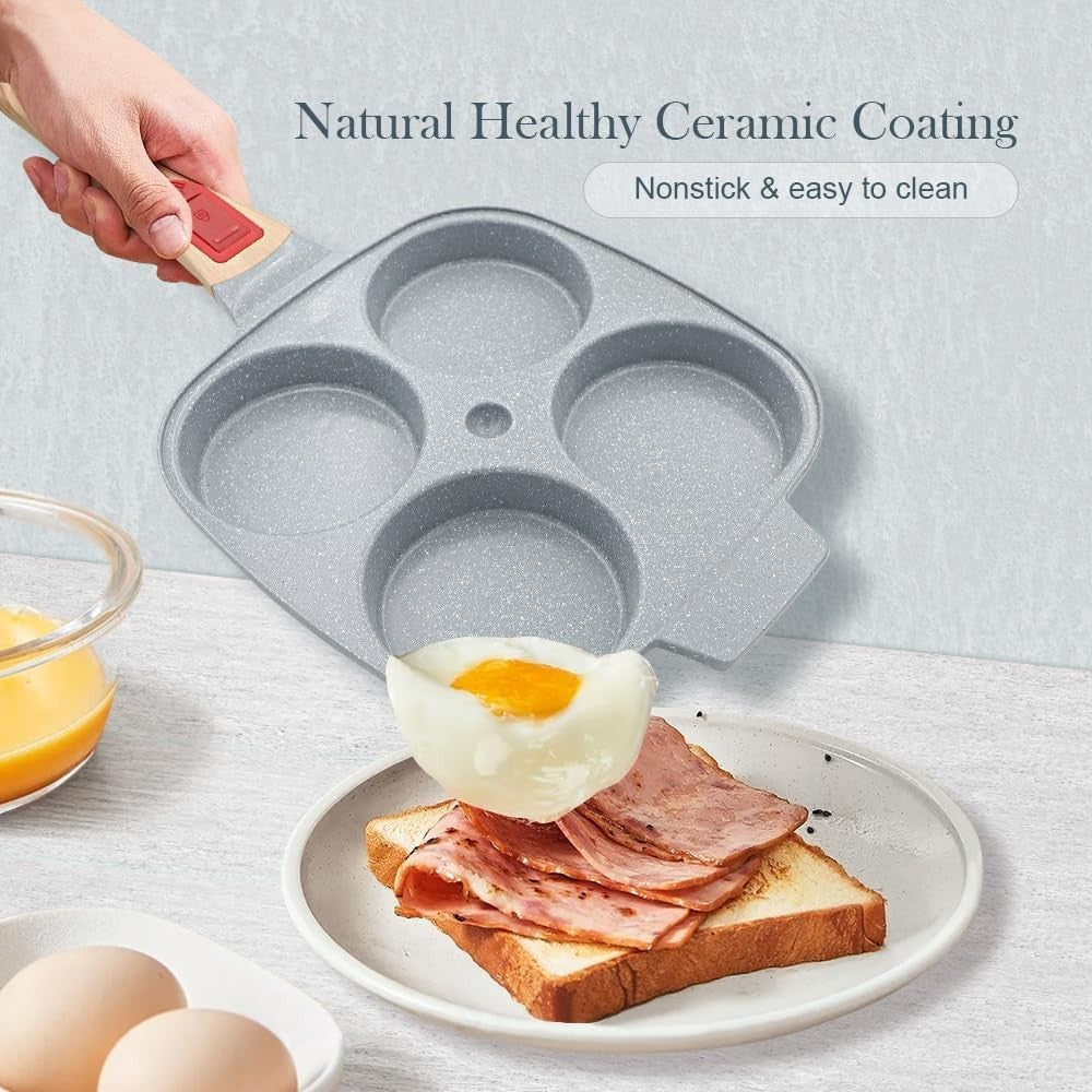 4-Cup Non-Stick Egg Pan Ceramic Pancake Skillet w/ Detachable Handle Blue