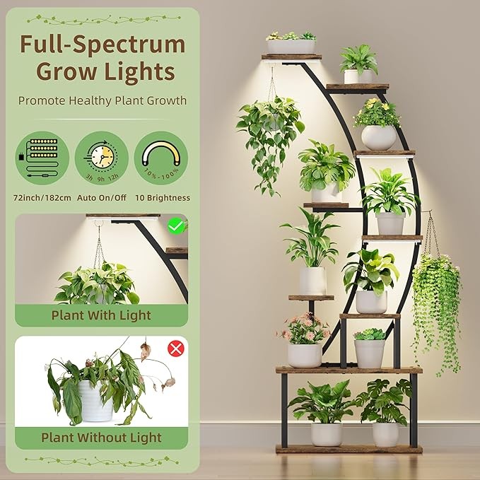 9 Tier Metal Plant Stand with Grow Lights Tall Indoor Flower Display Shelf