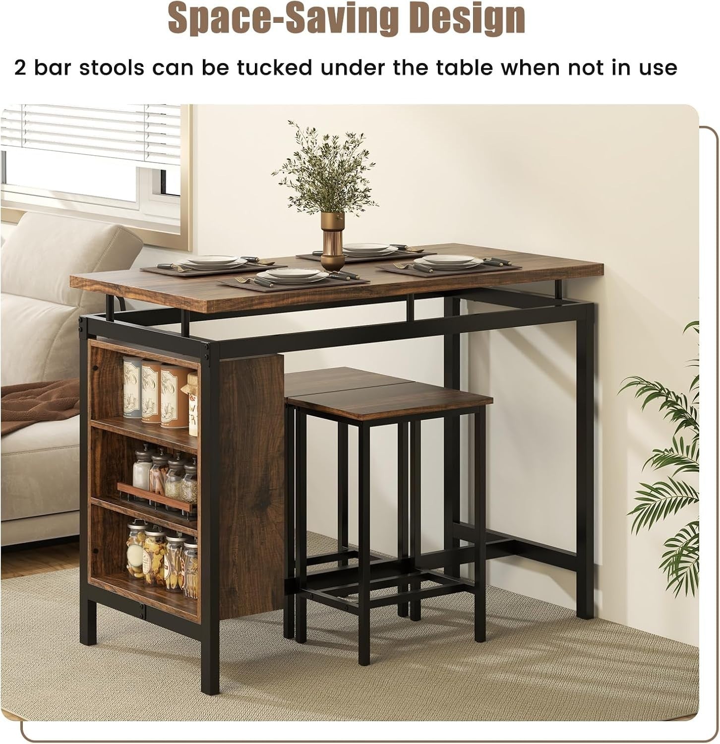 3PCS Brown+Black Dining Table Set with Stools, Space-Saving Bar Table Furniture