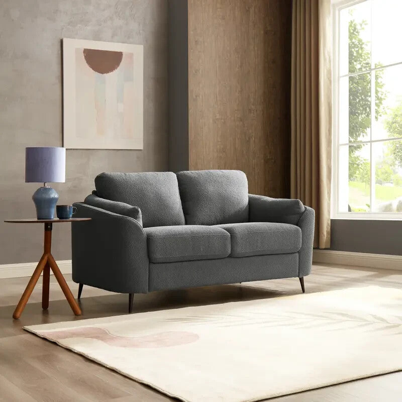 Dark Grey Boucle 2 Seater Sofa Curved Arm Metal Leg Compact Modern Couch