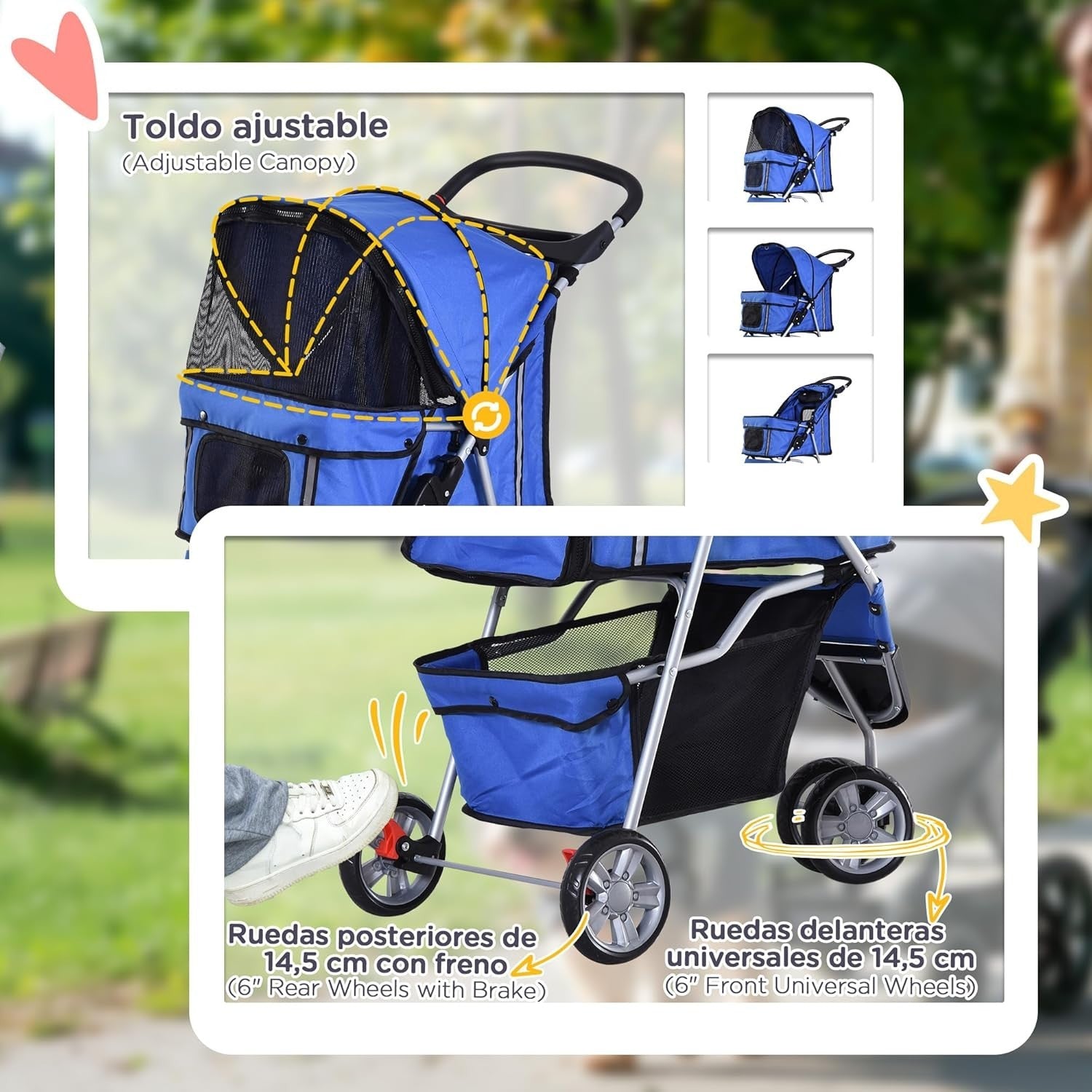 Dog Stroller Foldable 3-Wheel Pet Pram Small Dogs Cats Blue Lightweight