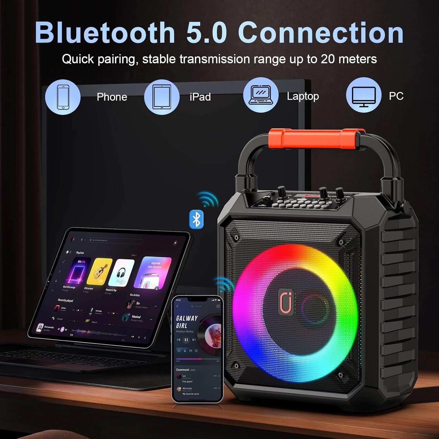 Karaoke Machine with 2 Wireless Mics Bluetooth DJ Lights Speaker