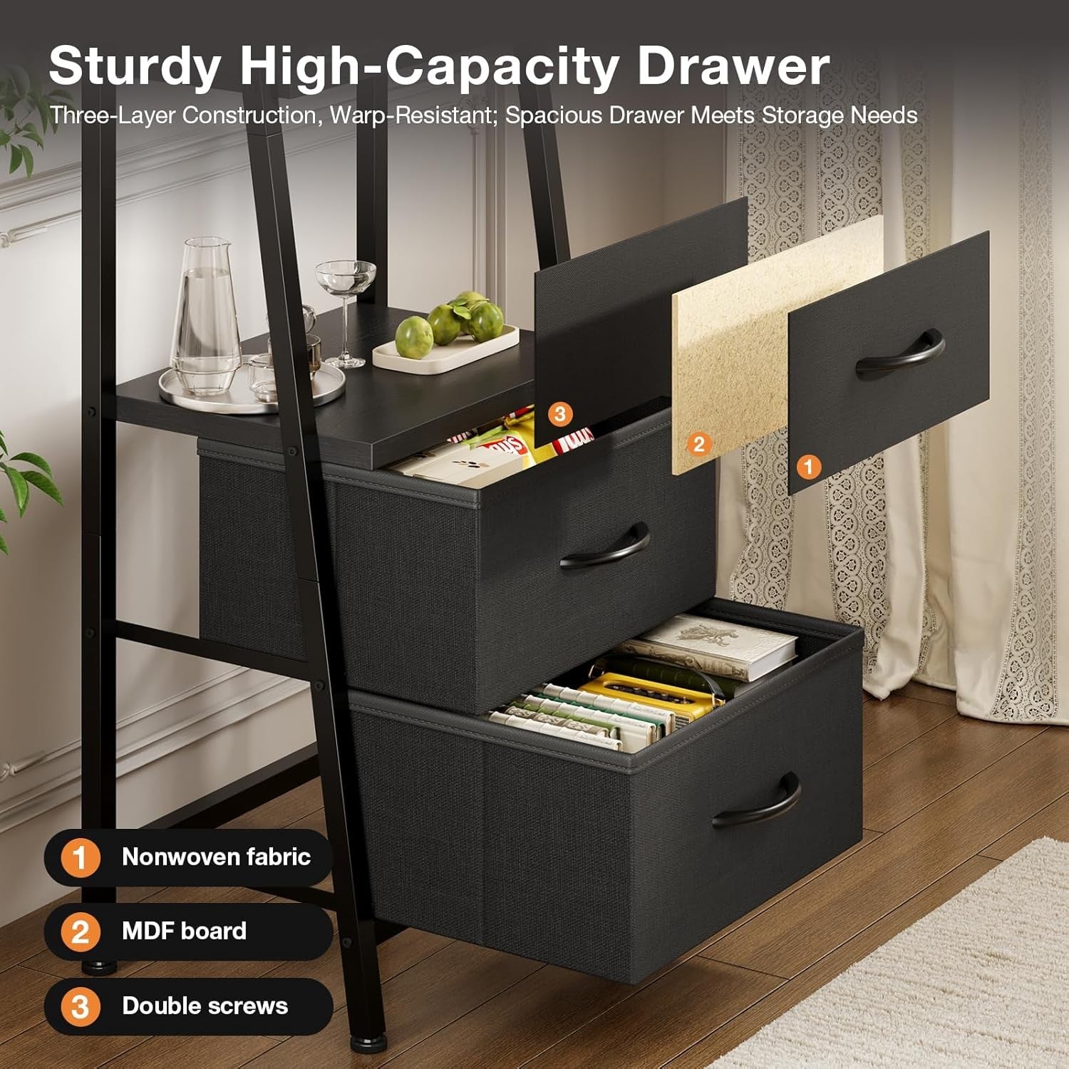 Narrow 5 Tier Bookcase with Drawers Tall Storage Shelf Unit Small Room Organiser