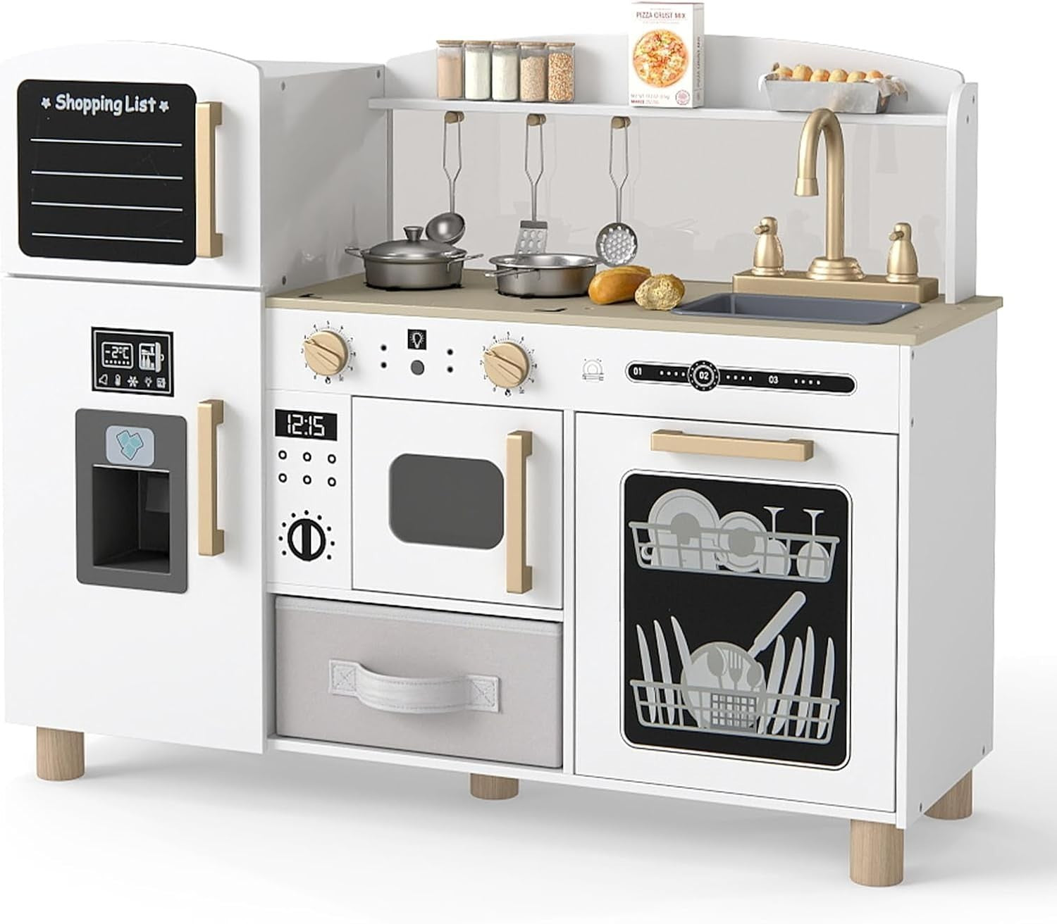 Wooden Kids Play Kitchen White w/ Ice Maker Sink Blackboard Set