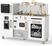 Wooden Kids Play Kitchen White w/ Ice Maker Sink Blackboard Set