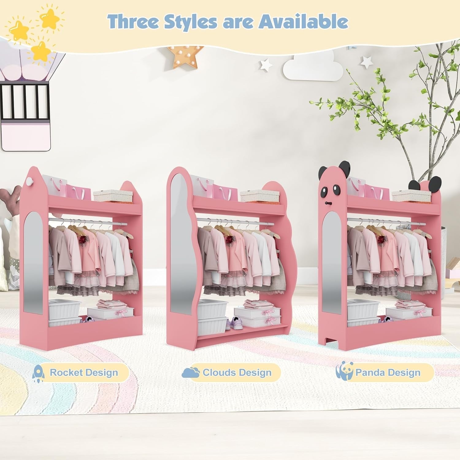 Kids Wardrobe with Mirror & Hanging Rail, Open Storage, Pink Rocket Design