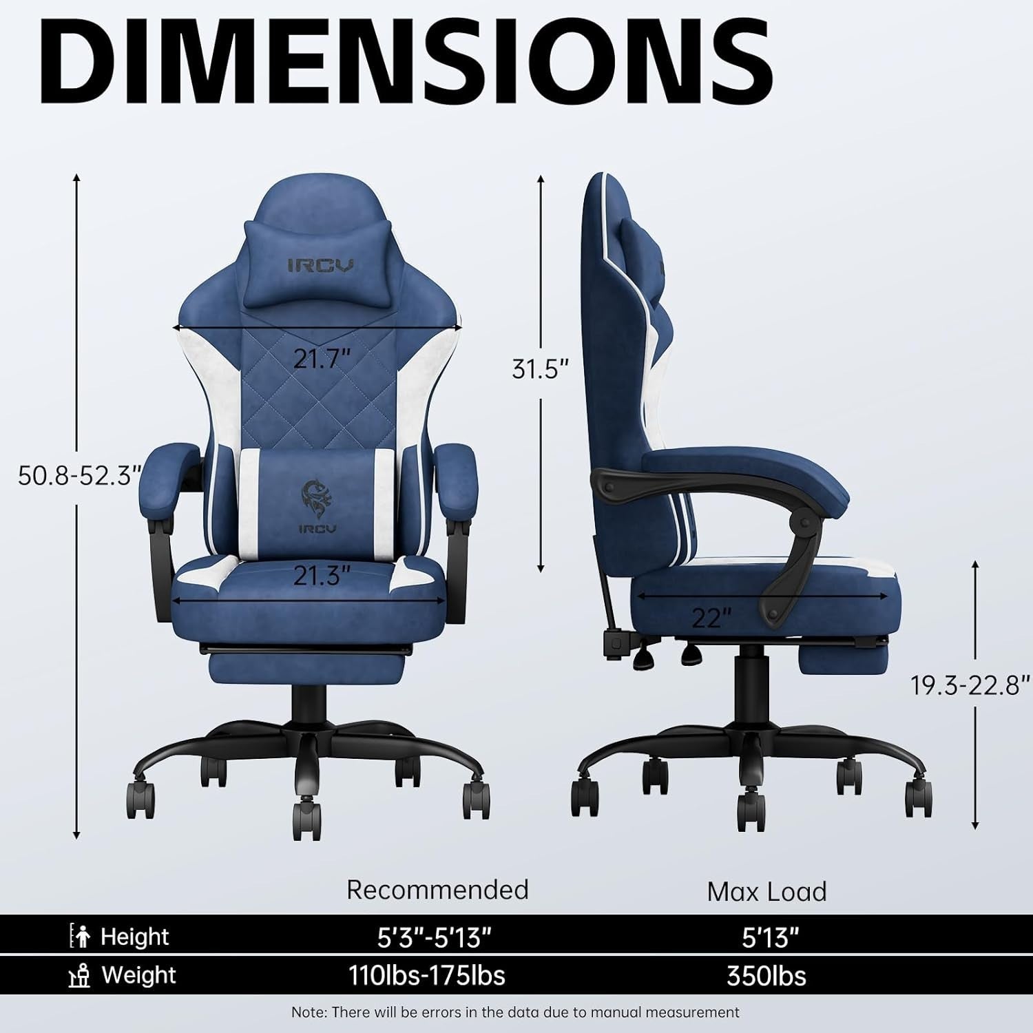 Gaming Chair Memory Foam Footrest Reclining Large Lumbar Support Blue
