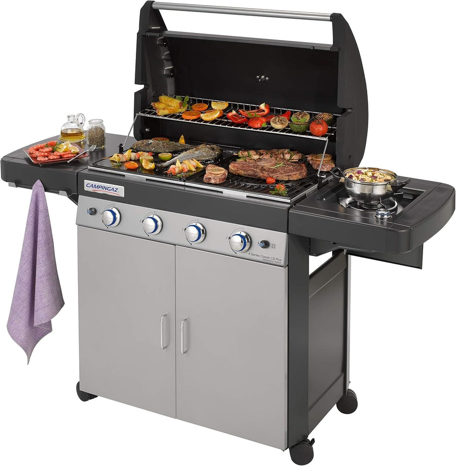 4 Burner Gas BBQ Grill with Side Burner Cast Iron Griddle Large Outdoor Cooking