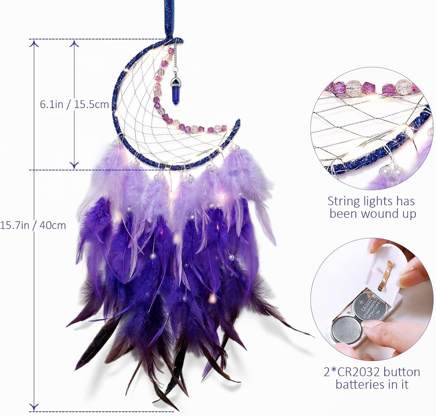 Boho Moon Dream Catcher Purple Feathers Fairy Lights Wall Decor
