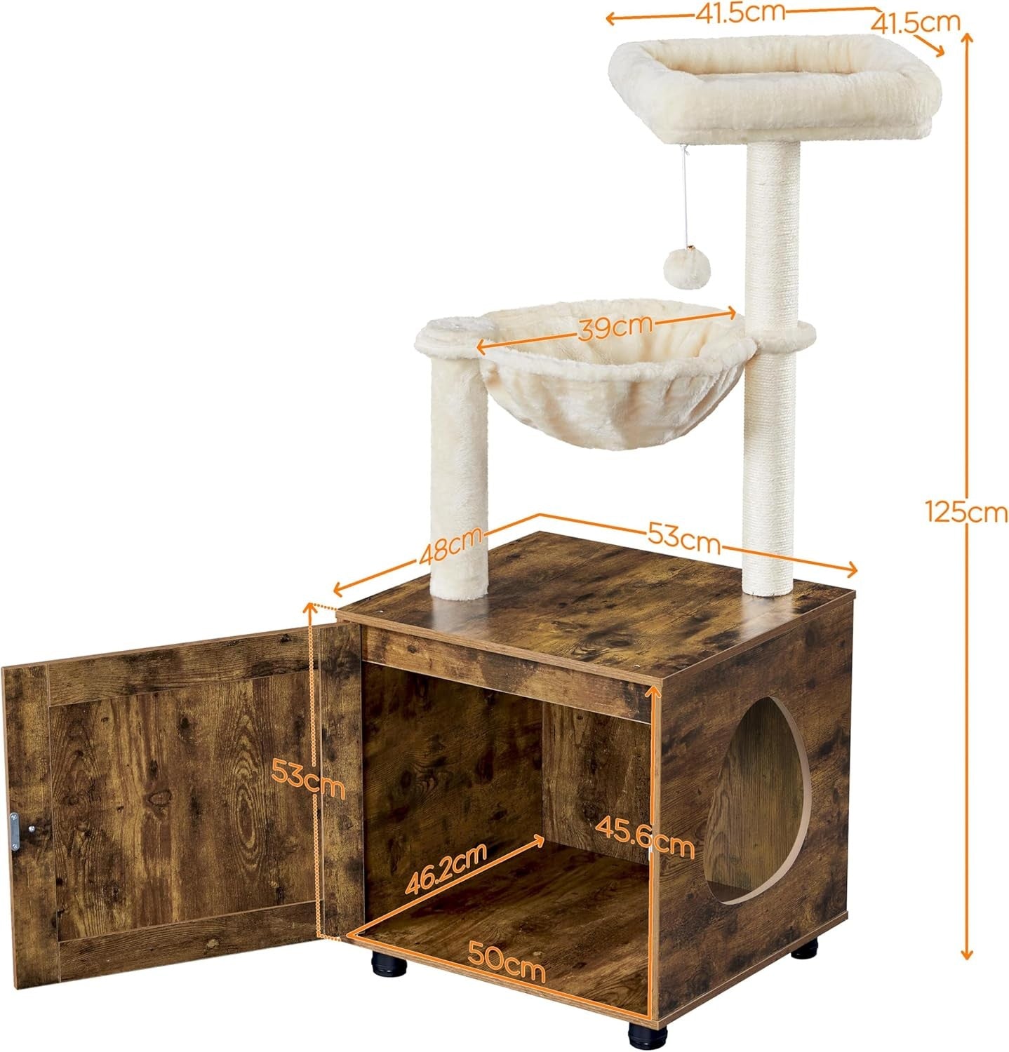 Cat Tree with Hidden Litter Box Enclosure Wooden Condo Tower Rustic Beige
