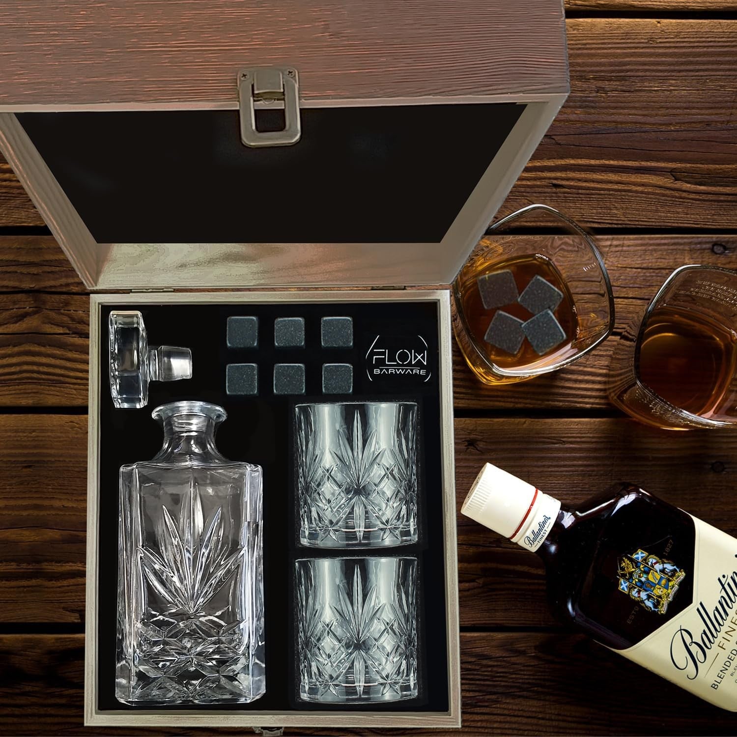 750ml Whiskey Decanter Gift Set with 2 Glasses Stones & Wooden Box Luxury Men
