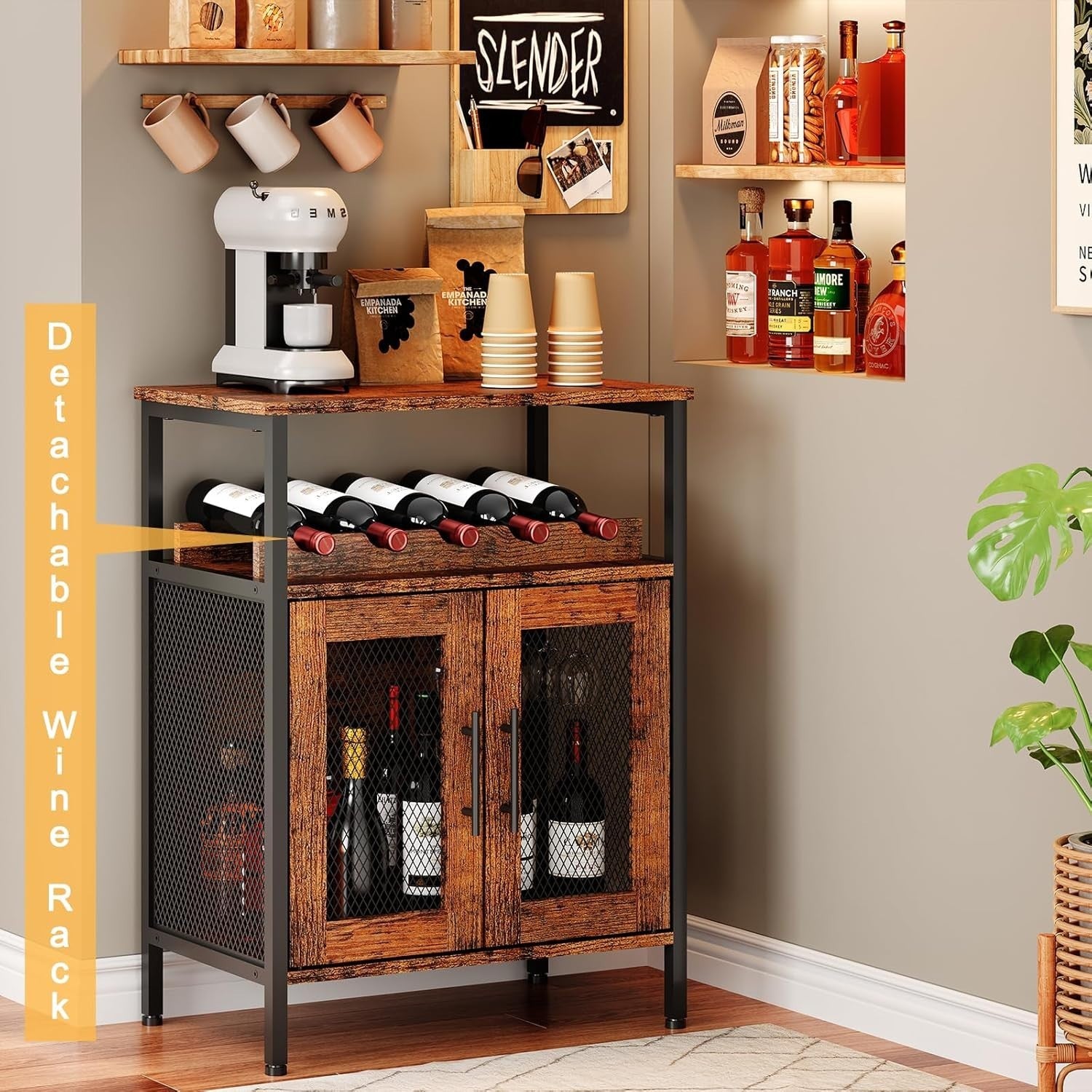 Wine Bar Cabinet with Glass Holder & Bottle Rack | Rustic Brown Sideboard