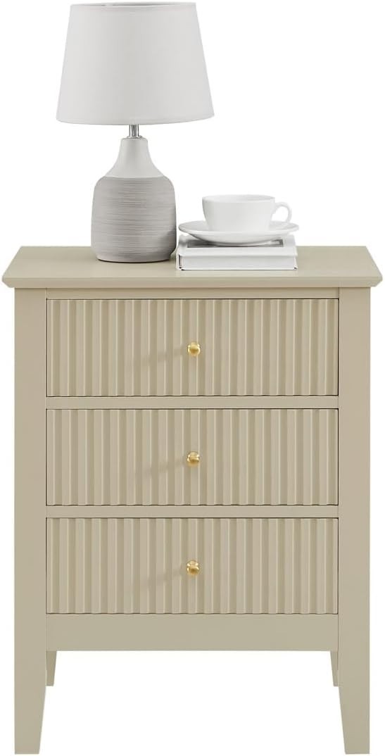 3 Drawer Taupe Bedside Table with Gold Knobs – Modern Bedroom Storage