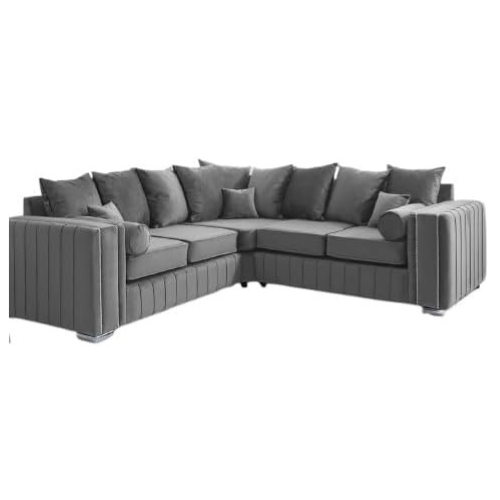 Grey Plush Velvet Corner Sofa 5 Seater 2C2 L-Shaped Couch with Chrome Legs