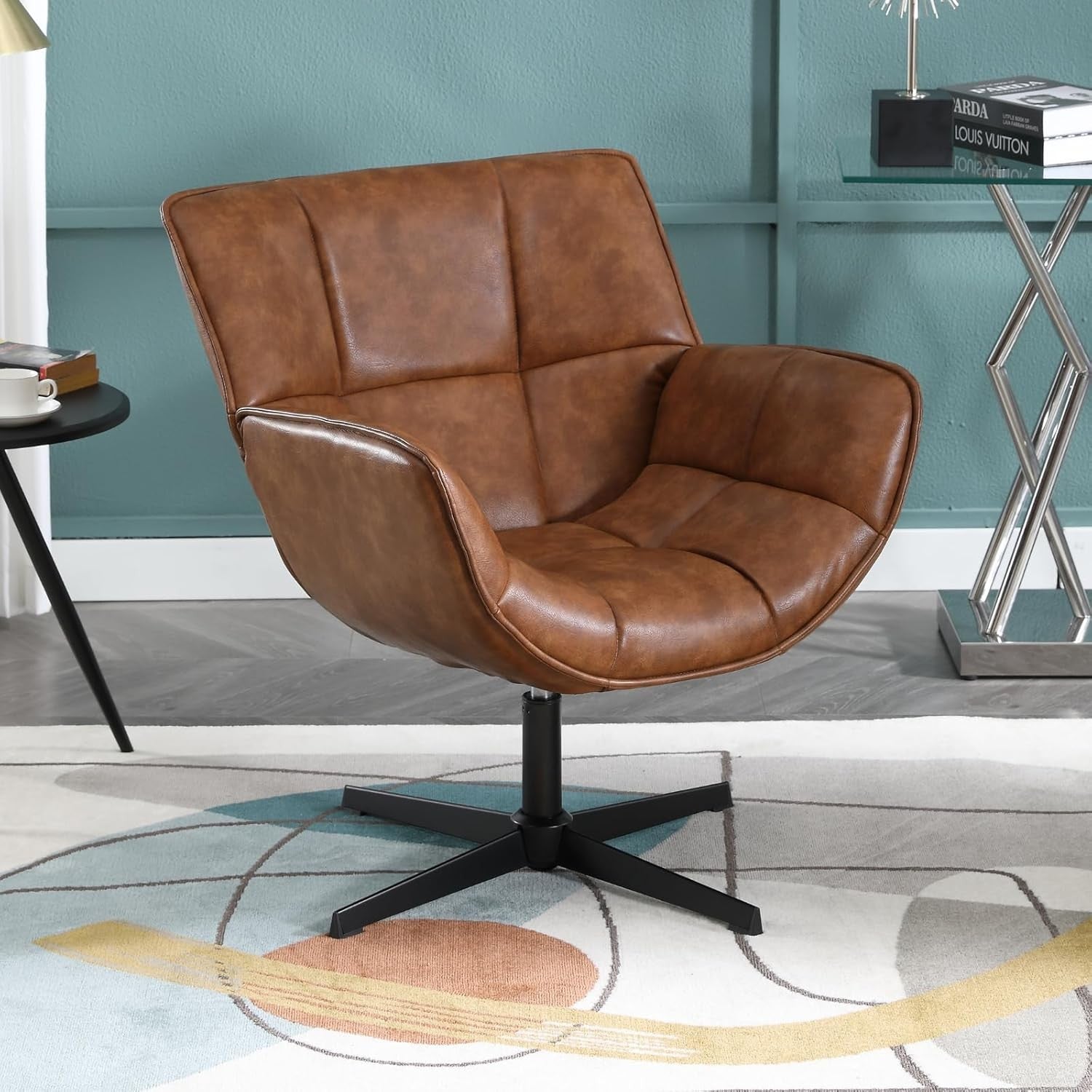 Brown Swivel Leather Accent Armchair Modern Tub Vanity Chair