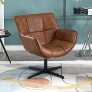 Brown Swivel Leather Accent Armchair Modern Tub Vanity Chair